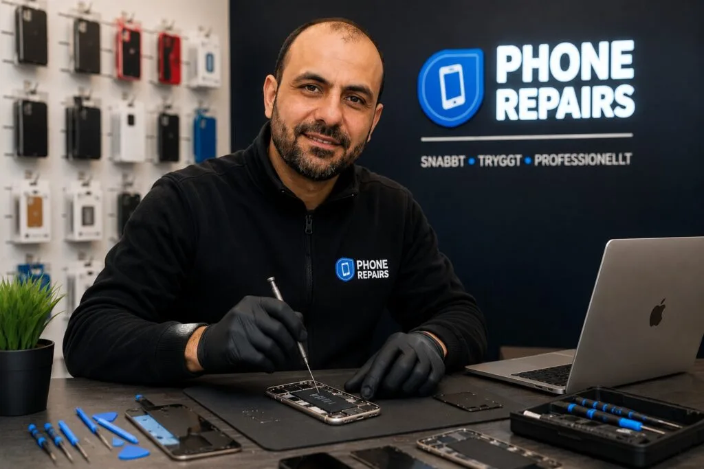 iPhone-reparation i Borås – Phone Repairs Tekniker på Phone Repairs Borås som reparerar en iPhone i butiken på Västerlånggatan i Borås